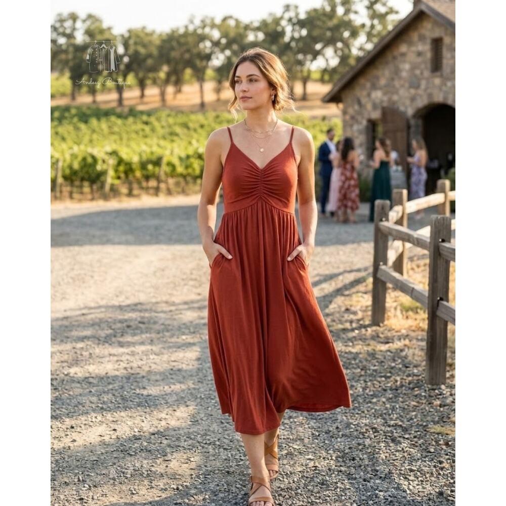 YATHON Women’s Sleeveless Ruched Bust Sun Dress with Pockets Size Large